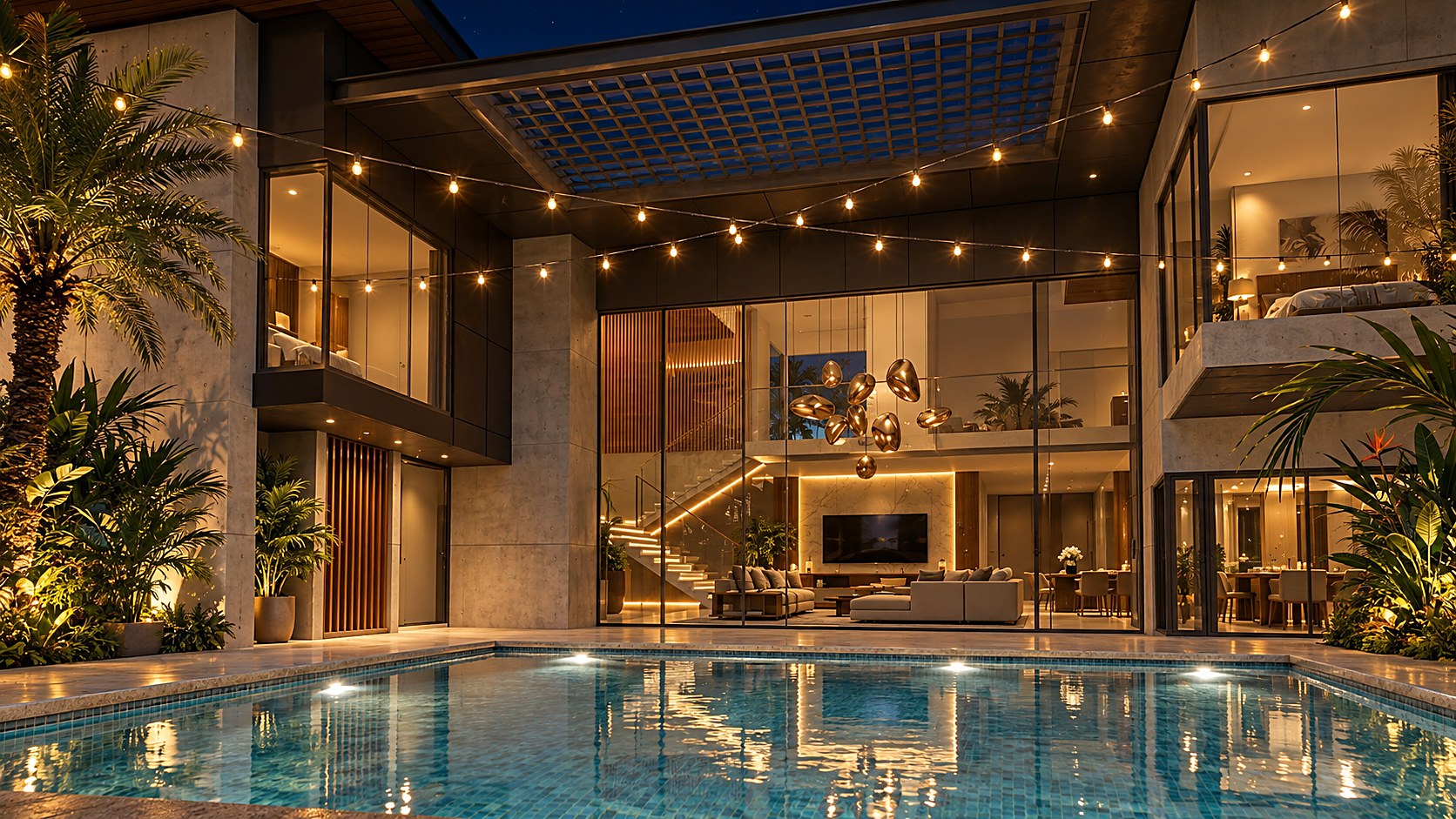 The alfresco and pool court under festoon lights at night