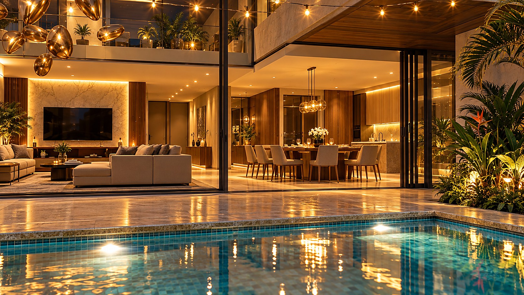 View from the pool edge into the warmly lit living and dining area at night