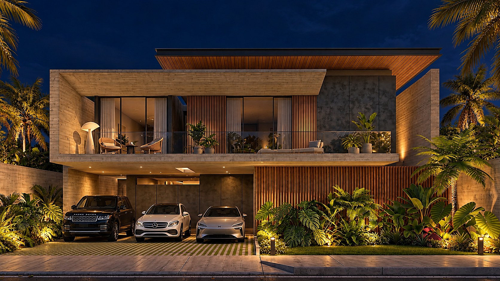 Villa front with triple carport and tropical garden