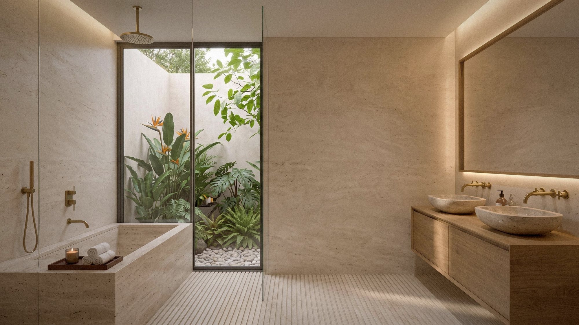 Garden suite bathroom with stone bath and planted light well