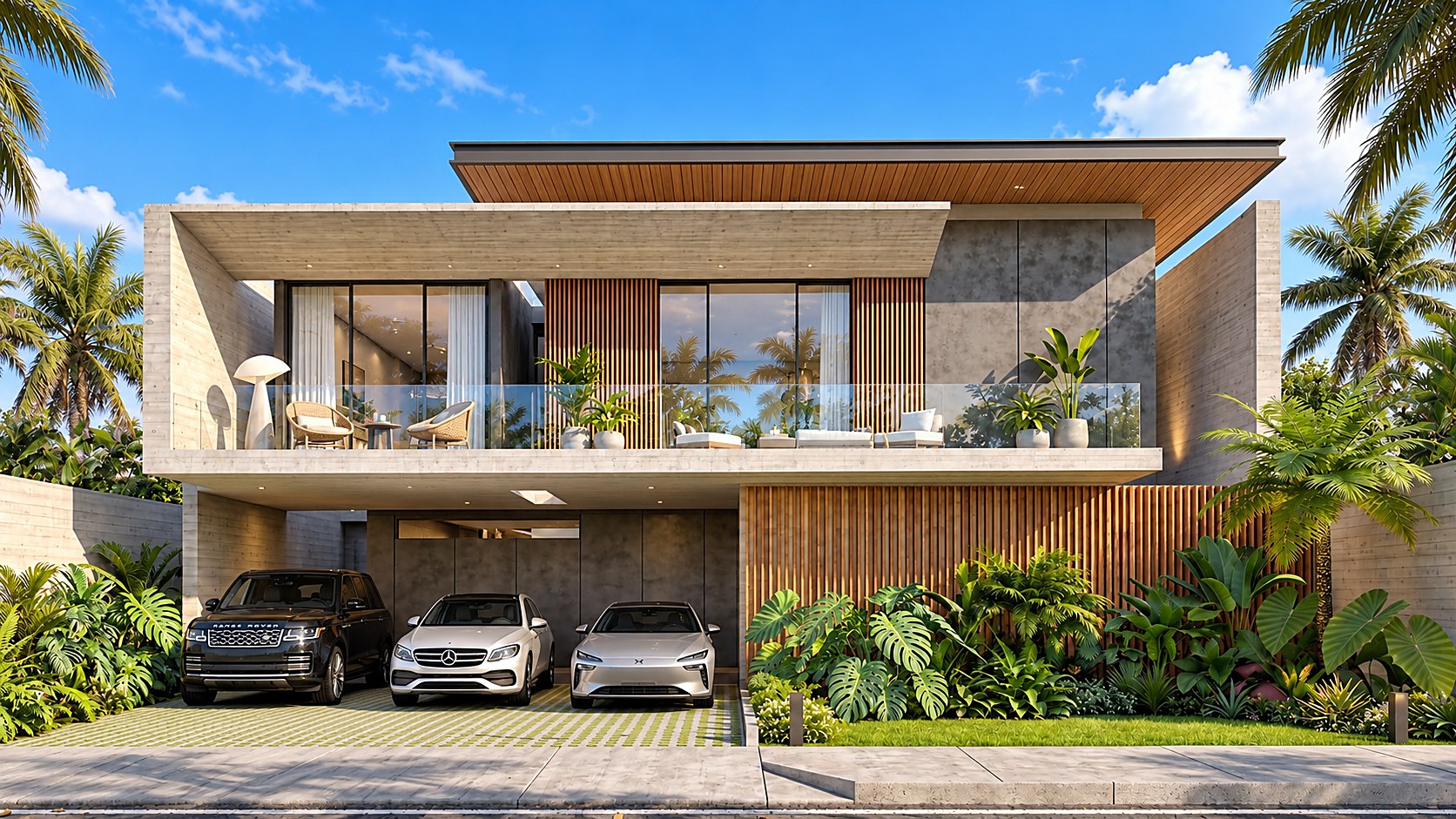 Lunar Grand Pattaya villa front in tropical daylight with triple carport and garden