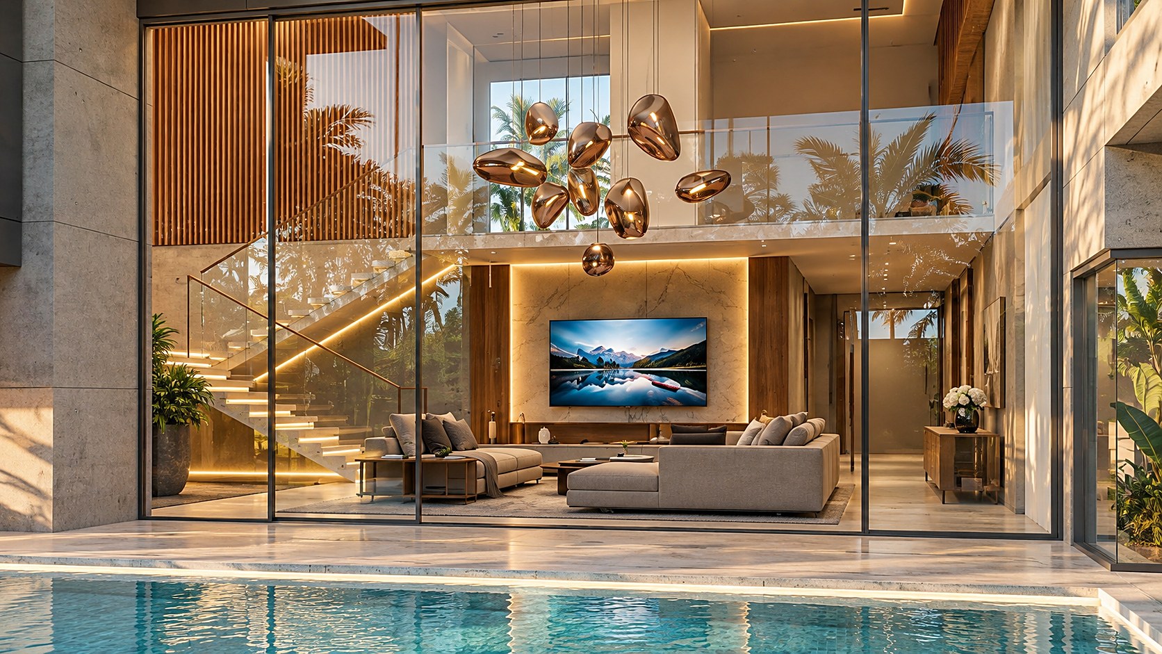 Double-height living room with sculptural pendants, seen from the pool