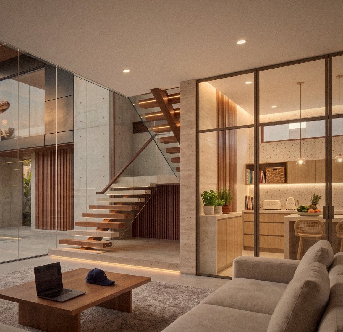 Living room, stair and kitchen with lights up in late afternoon