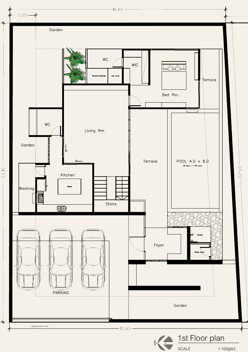 Ground floor plan showing parking, foyer, living, kitchen, terrace, pool and garden suite