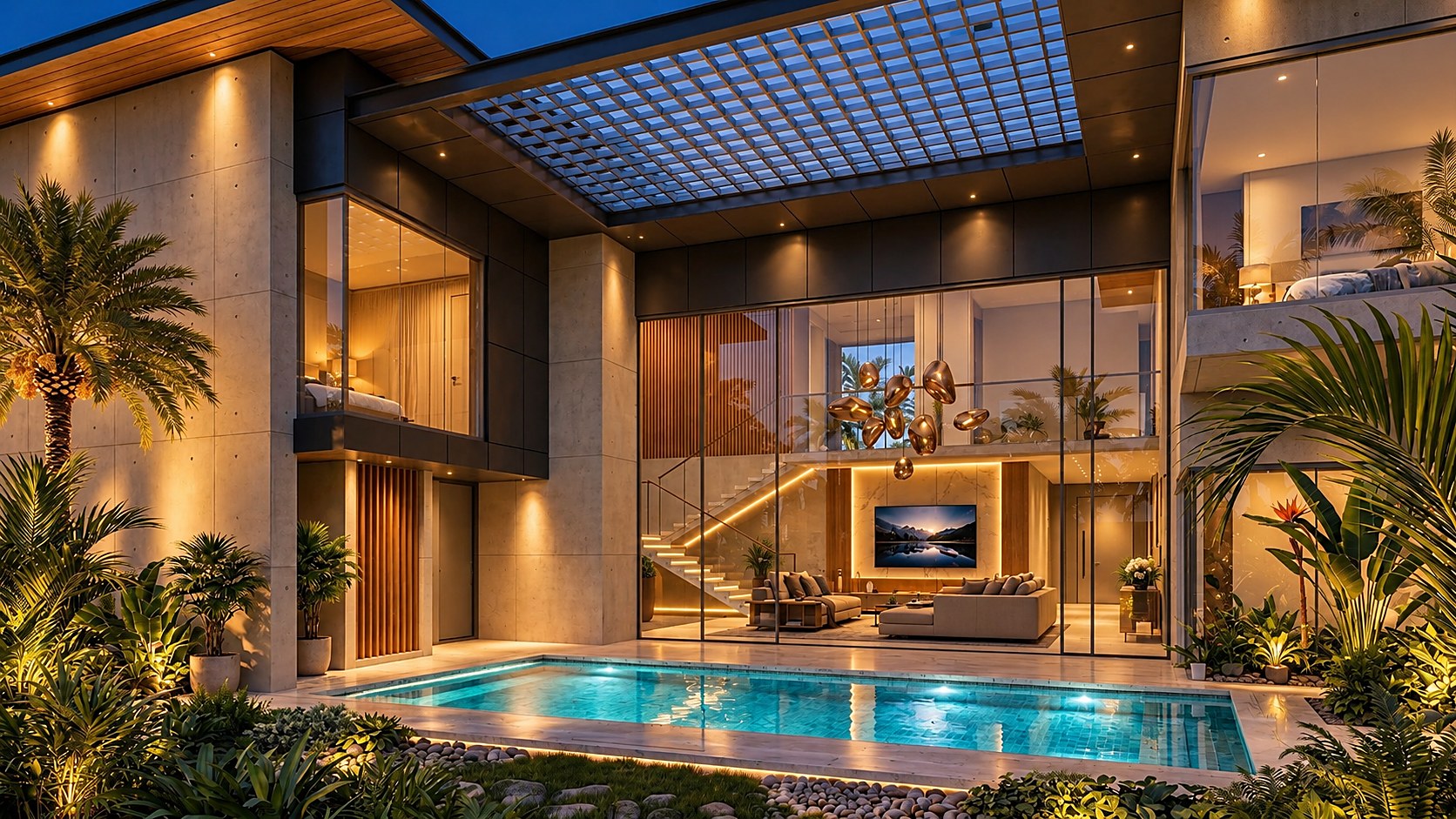 Private open-sky pool court between the two wings of the villa