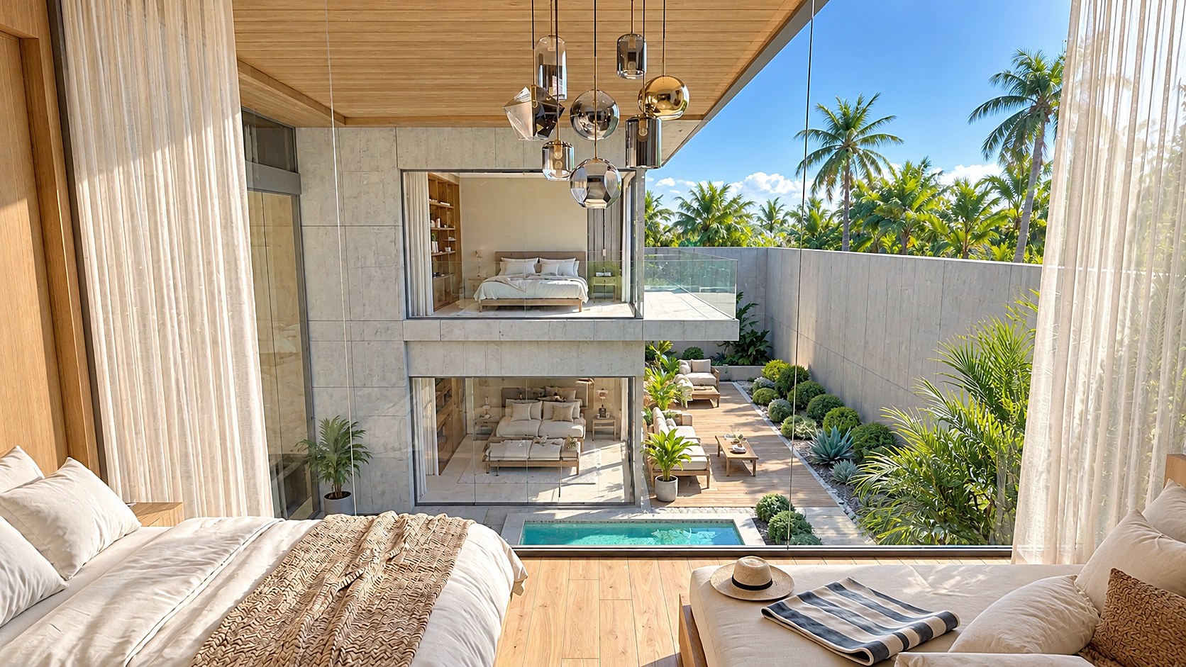 Upstairs pool suite in bright daylight, overlooking the pool court