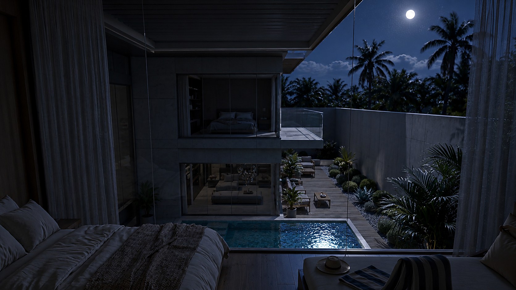 Moonlit view from the upstairs bedroom down to the pool court with all lights off